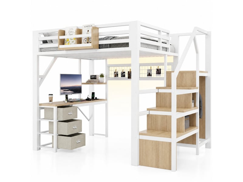  Lit mezzanine modenvie 140 x 200 cm avec bureau, 3 tiroirs, rangements, armoire, led, métal et mdf blanc  - Conforama A
