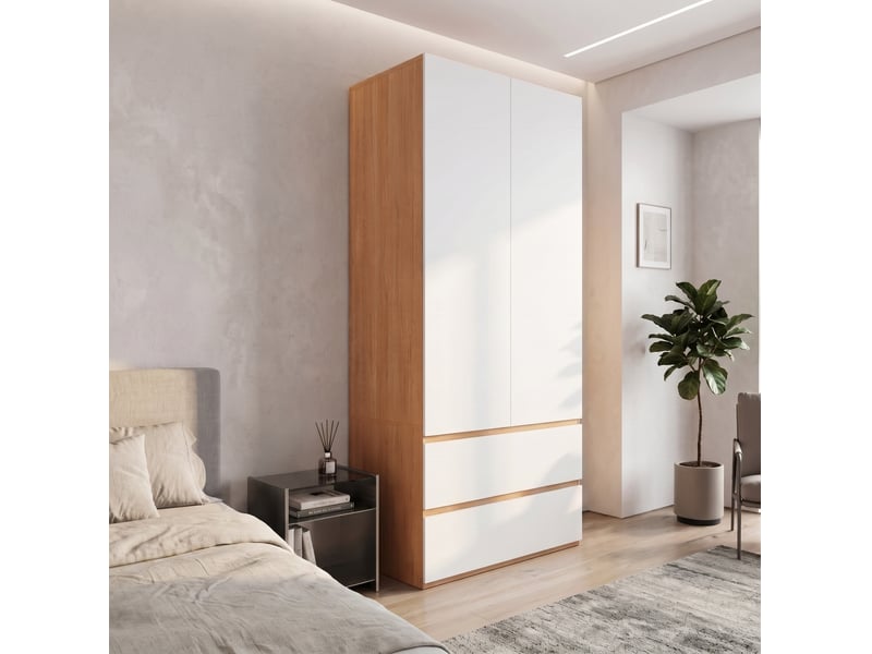  Armoire 2 portes modenvie avec penderie, 2 tiroirs et rangement haut 90 x 50 x 200 cm blanc décor chêne  - Conforama B