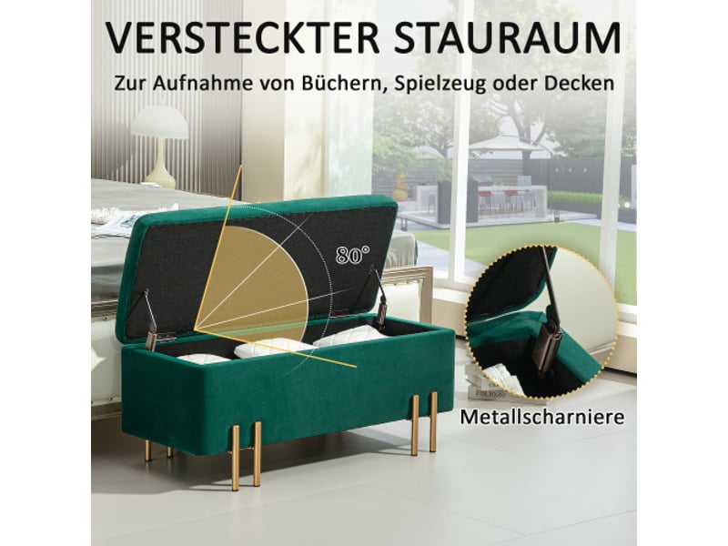  Banc coffre vert rembourré avec rangement, métal, bois d’hévéa et mousse, 100x40x42 cm  - Conforama D