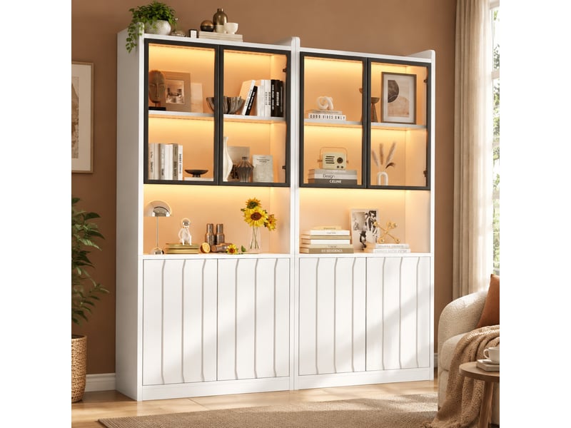  Vitrine double led avec 8 portes, 10 espaces et étagères réglables pour salon et entrée, blanc, 160 × 35 × 200 cm  - Conforama B