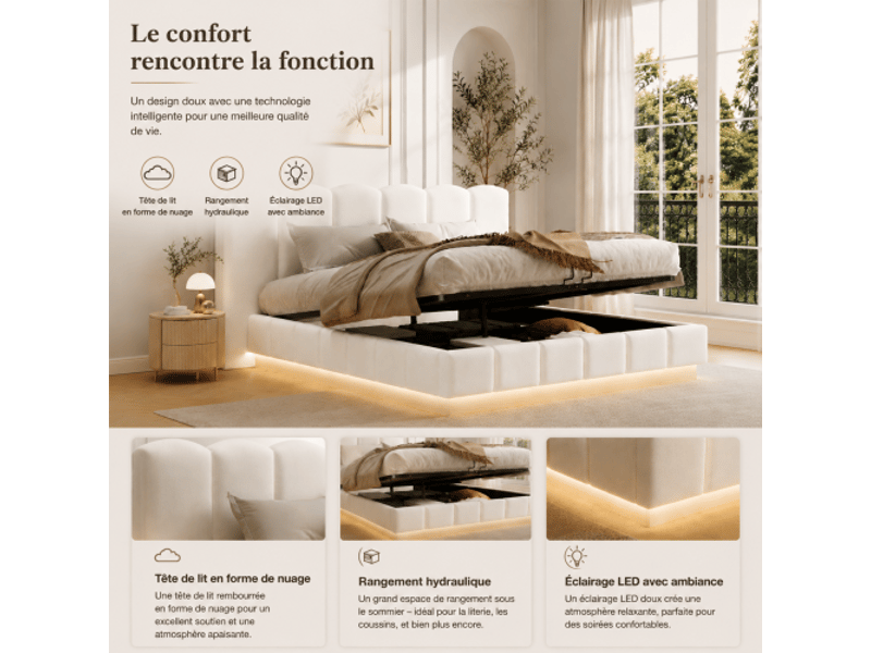  Lit double 180x200 hydraulique avec coffre et tête de lit led bouclé blanc — design moderne  - Conforama E