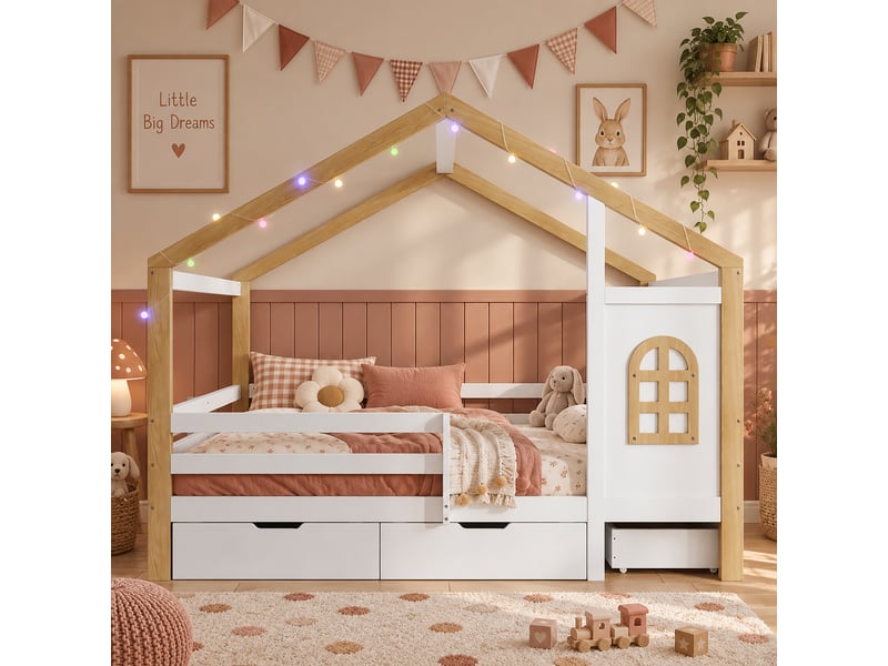 Lit cabane enfant 120 x 200 cm en bois, motif fenêtre, barrière de sécurité, 3 grands tiroirs, guirlande lumineuse repositionnable, blanc Bliss Lite - Conforama E