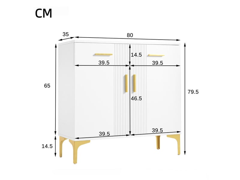  Commode moderne 2 tiroirs et 2 portes, meuble de rangement, poignées et pieds en métal, l80 x p35 x h79,5 cm, blanc  - Conforama C