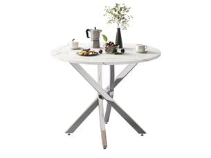 Table à manger ronde,80x80x75 cm,mdf,effet marbre blanc et métal argenté