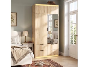 Armoire 90x47x200 cm avec miroir et éclairage led, 1 penderie, 4 tiroirs, mdf, bois clair, chambre et dressing, déco