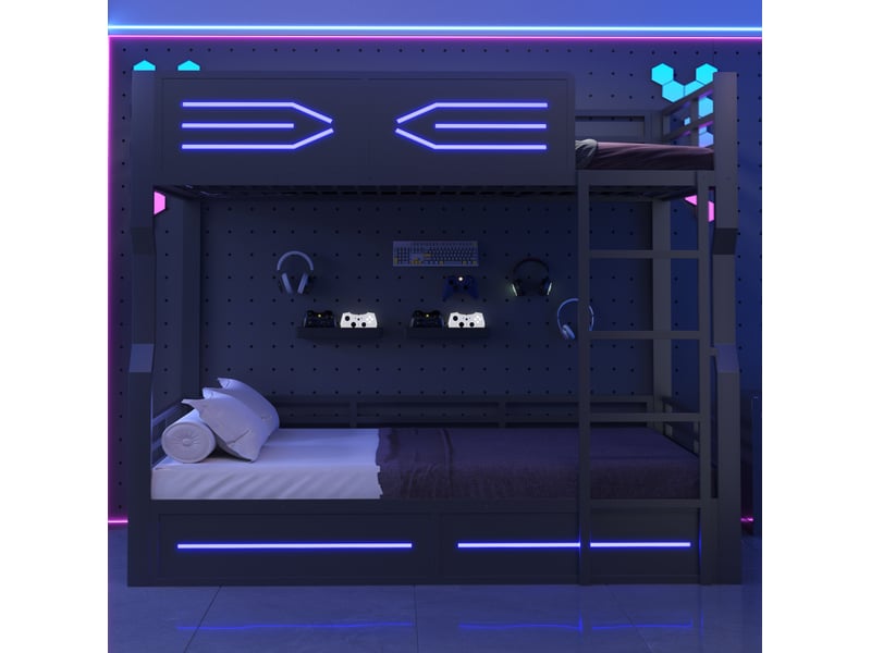  Lit superposé 140x200 cm avec led et échelle droite noir  - Conforama E