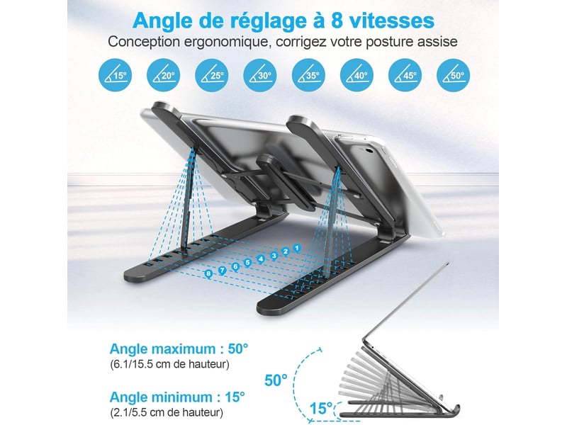  Support pc portable à 8 niveaux réglables – silicone antidérapant, noir  - Conforama D