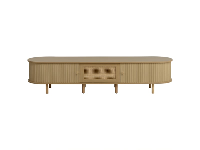  Meuble tv bas moderne mdf – porte coulissante et tiroir – 180×40×40 cm – bois clair – tv jusqu’à 75'' – salon  - Conforama A