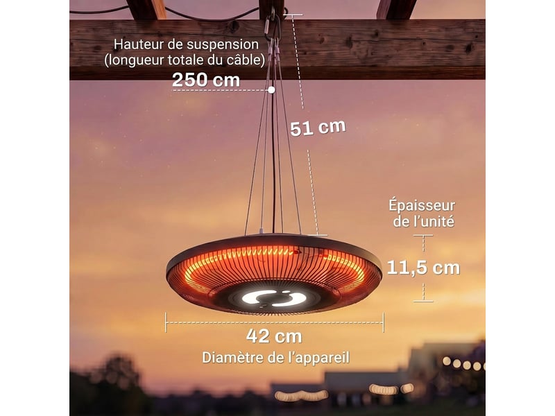  Chauffage infrarouge suspendu 2000w avec éclairage led et télécommande  - Conforama C