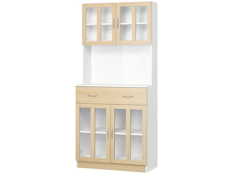  Buffet haut de cuisine vaisselier 4 portes vitrées avec tiroir et grand plateau rangement blanc et chêne clair T1003-01-07538 - Conforama C
