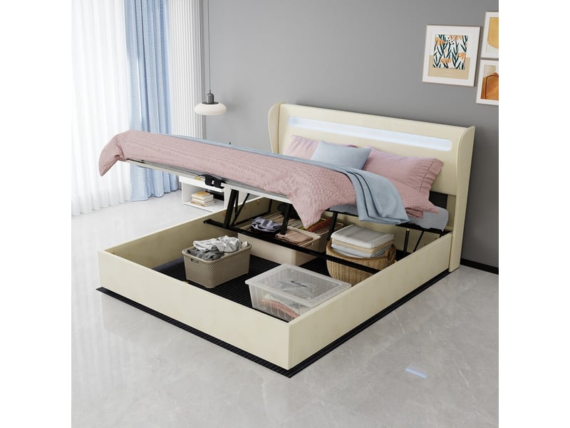  Lit coffre moderne minimaliste avec tête de lit rembourrée led beige 160x200cm sommier coffre haut avec vérin gaz matelas inclus  - Conforama D