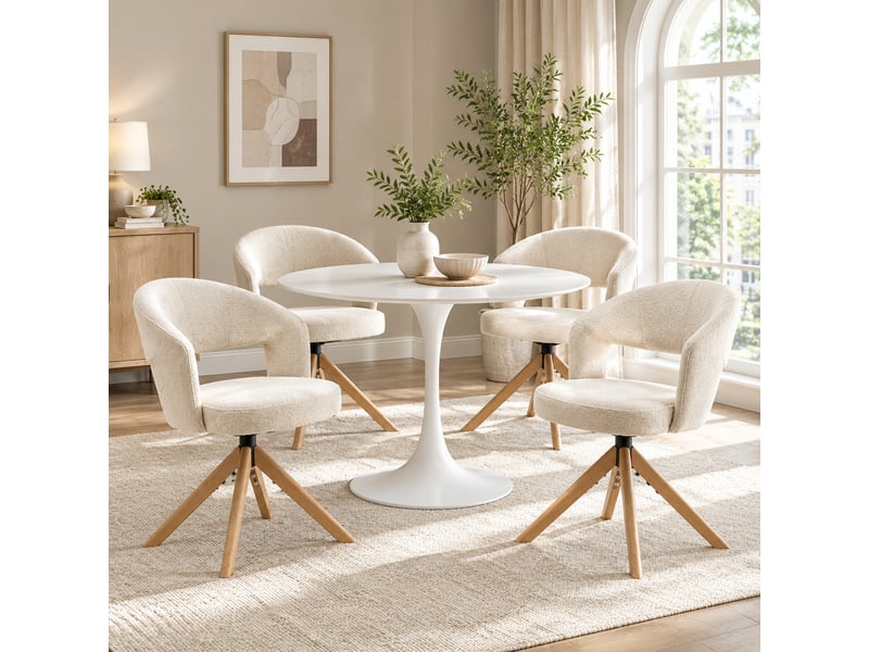  Chaises de salle à manger lot de 2 pivotantes  - dossier incurvé, tissu et bois massif blanc crème 81,5 cm  - Conforama C
