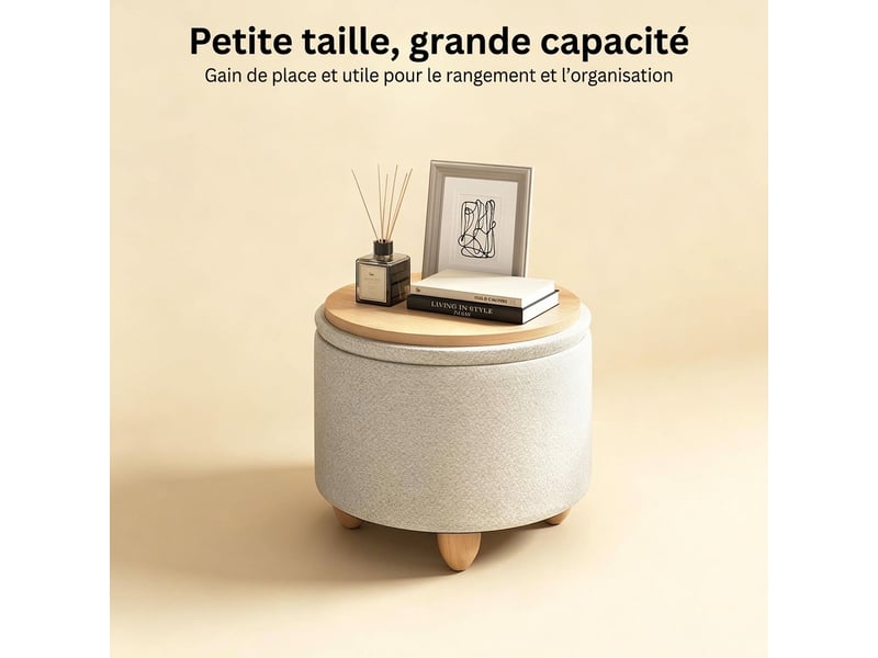  Pouf de rangement rond blanc crème en lin avec plateau en bois, 39x39x33 cm  - Conforama E