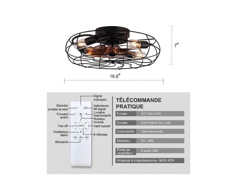  Ventilateur de plafond avec lumière noir style industriel, moteur réversible 6 vitesses silencieux avec télécommande pour petite pièce  - Conforama C