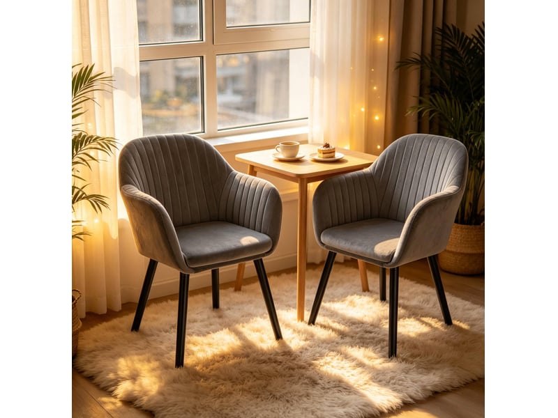  Lot de 2 chaises de salle à manger avec accoudoirs en velours gris foncé et noir  - Conforama B