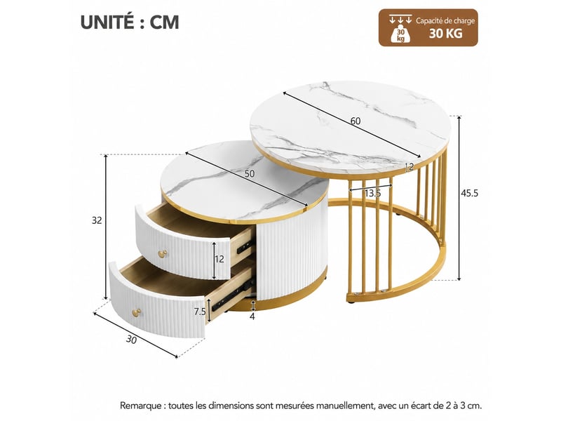  Lot de 2 tables basses gigognes rondes 60 et 50 cm, 2 tiroirs, effet marbre brillant, salon, blanc  - Conforama C