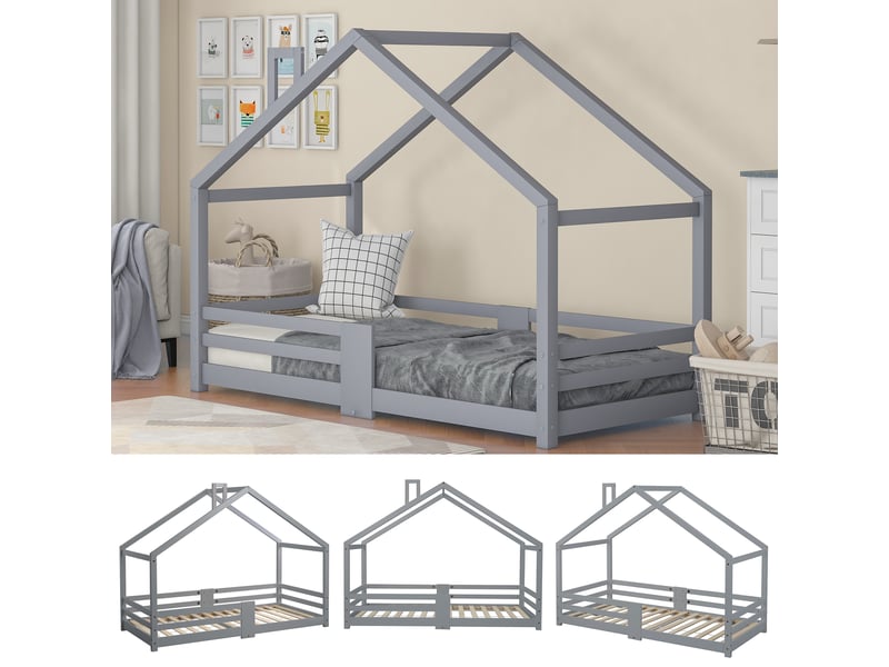 Lit cabane enfant 90x200cm, sommier, décoration de la cheminée de toit,protection, bois, gris, sans matelas - Conforama R