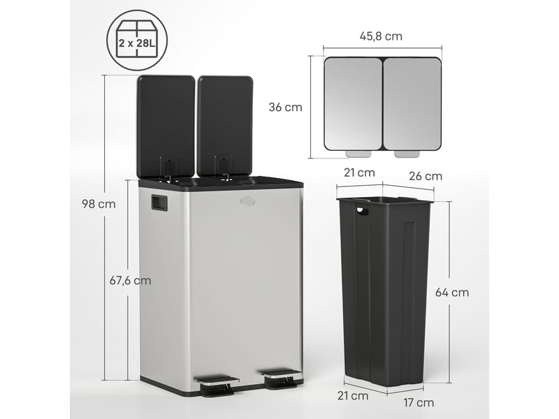  Poubelle de tri 2 x 28 l à pédale en acier inoxydable argenté 45,8 x 36 x 67,6 cm  - Conforama C