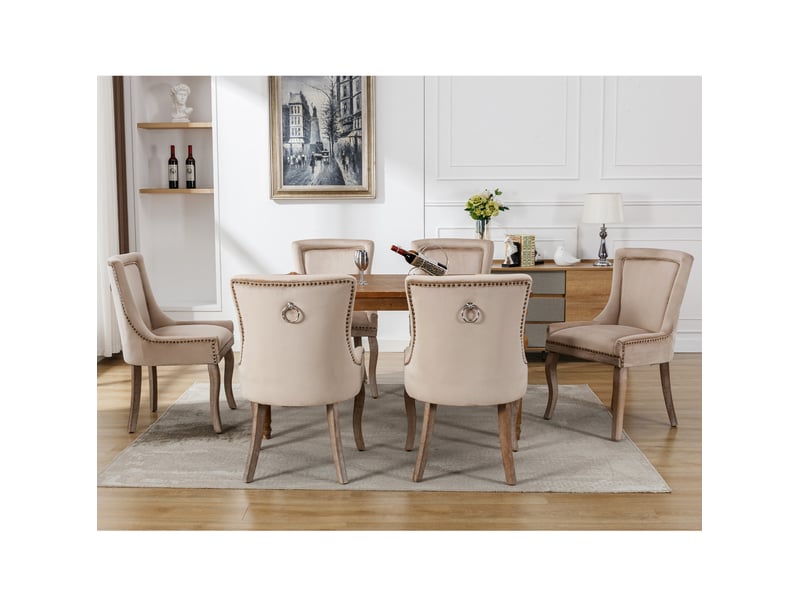 Lot de 6 chaises de salle à manger en velours beige avec dossier incurvé - Conforama C