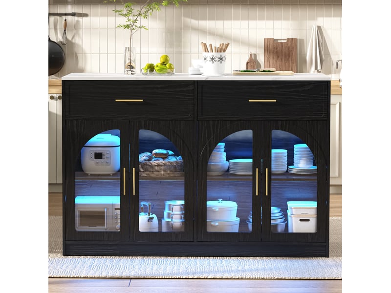 Desserte de cuisine led avec 2 tiroirs, portes vitrées et étagères réglables, pour cuisine, mdf noir, 135 × 55 × 91 cm - Conforama C