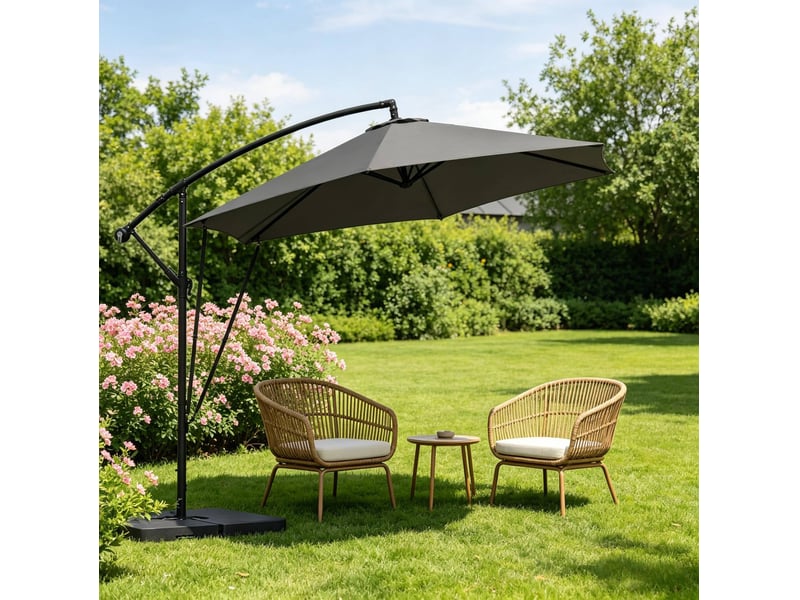 Parasol déporté latéral inclinable 310x310 cm – gris foncé – manivelle, rotation et housse protectrice - Conforama E