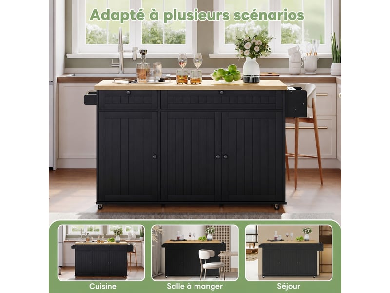  Îlot de cuisine mobile, plateau rabattable, 2 tiroirs, 3 portes, 137 x 70 x 89,5 cm, noir et naturel  - Conforama B