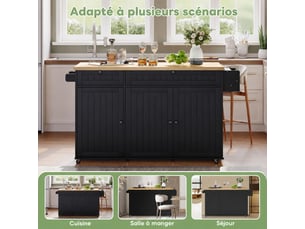 Îlot de cuisine mobile, plateau rabattable, 2 tiroirs, 3 portes, 137 x 70 x 89,5 cm, noir et naturel