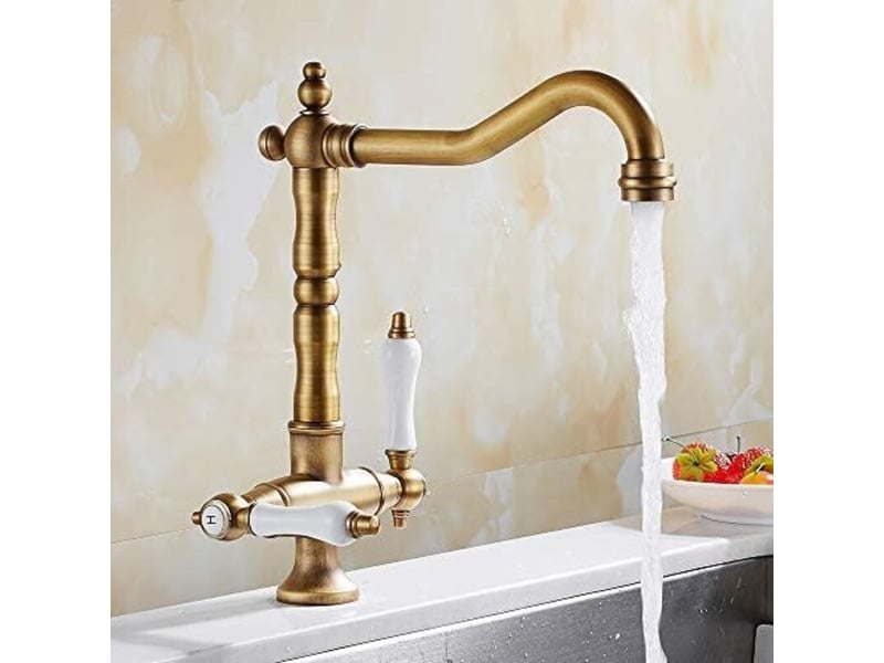  Robinet mitigeur traditionnel pour évier de cuisine en laiton massif avec double poignée bronze antique （antique）  - Conforama D