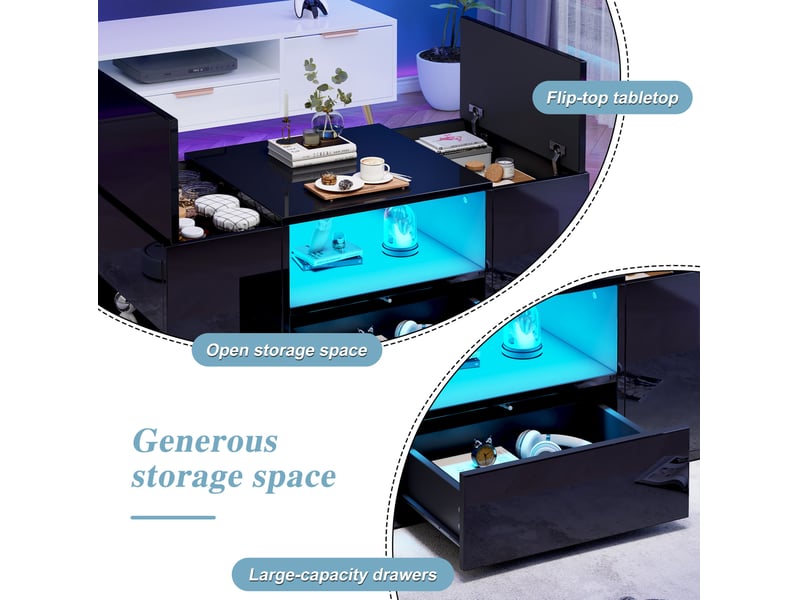  Table basse avec 1 tiroir, 2 portes et 6 niches de rangement, led, finition brillante, pour salon, 100 × 50 × 40 cm  - Conforama E