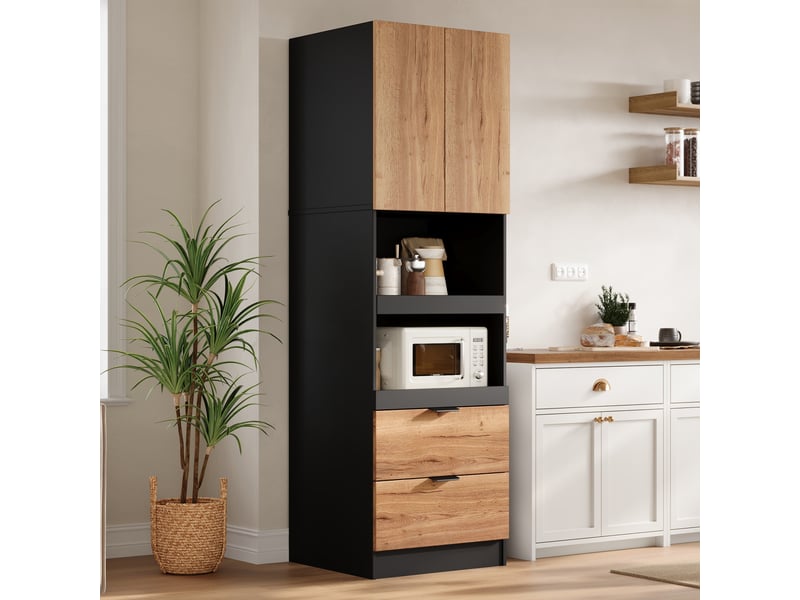  Armoire haute de cuisine 59,5x45x200 cm avec 2 tablettes coulissantes, 2 tiroirs, grand rangement micro-ondes, anti-basculement, mdf noir  - Conforama C