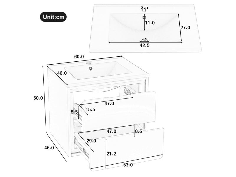 Meuble de salle de bains mural moderne 60x46x50 cm avec éclairage led, armoire de rangement avec 2 tiroirs, mdf blanc - Conforama C
