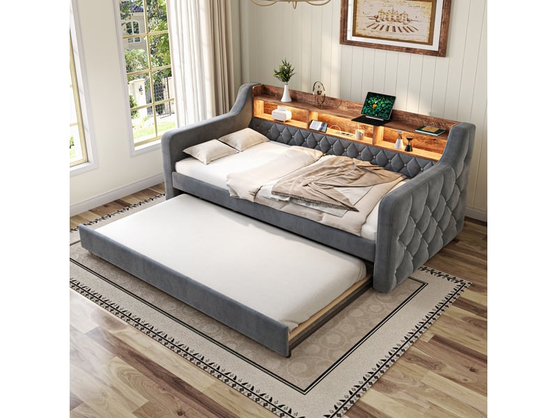  Lit gigogne rembourré 90x190 extensible en lit double, tête de lit avec rangement, led, usb-c, sommier à lattes, velours gris foncé Morn Vibe - Conforama C