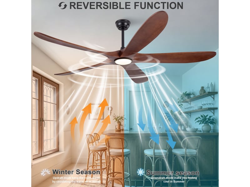  Ventilateur de plafond 176 cm éclairage led 3 couleurs dimmable 5 pales bois massif noyer et noir 6 vitesses télécommande silencieux  - Conforama B