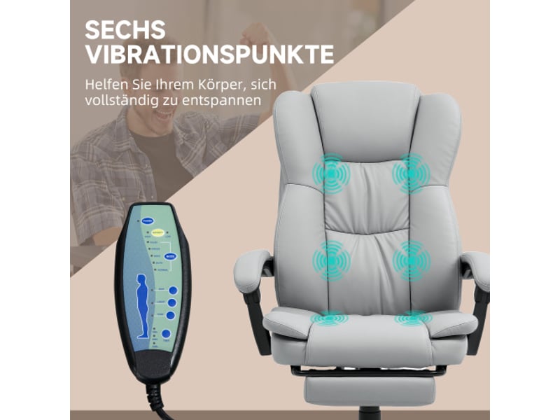  Chaise de bureau massante inclinable, similicuir gris clair, repose-pieds, télécommande, réglable en hauteur  - Conforama B