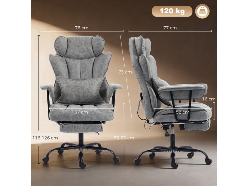  Fauteuil de bureau avec massage vibratoire 6 points, chauffage lombaire et repose-pieds, 76x77x116-126 cm, —, gris  - Conforama D
