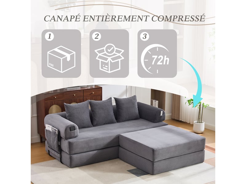 Canapé modulable en velours côtelé gris foncé 200 x 190 x 67 cm avec pouf, 3 coussins, poches latérales, salon 200x190x67cm - Conforama W
