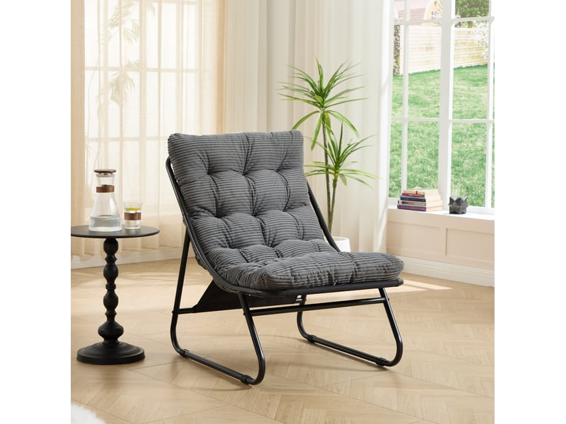  Fauteuil de jardin avec repose-pieds, coussins gris en velours côtelé et structure acier noire, style moderne  - Conforama D