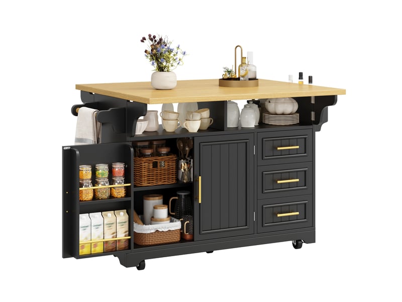  Desserte de cuisine mobile noir décor chêne avec plateaux rabattables et 3 tiroirs  - Conforama A