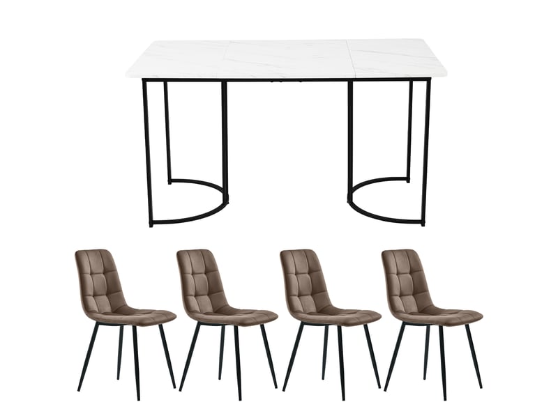  Ensemble table et chaises 5 pièces, table à manger avec 4 chaises en velours, plateau effet marbre, table de cuisine 140 x 80 cm  - Conforama E