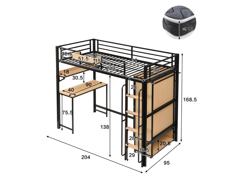  Lit mezzanine 90x200, lit combiné gain de place avec armoire 2 portes et bureau, escalier de sécurité avec rampe métal et bois mdf, noir et naturel  - Conforama E
