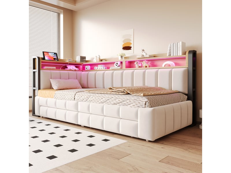  Canapé-lit extensible 90x200+180x200 cm avec rangements, led, port usb et usb-c, mdf, bois, métal, beige, sans matelas  - Conforama E