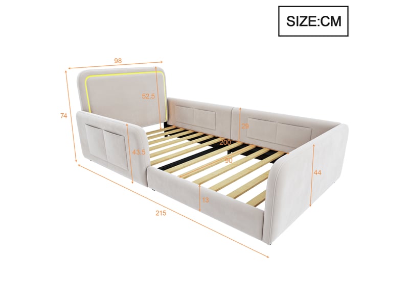  Lit enfant 90x200 cm rembourré avec led pilotable par application, lit simple avec tête de lit éclairée et poches latérales, beige OPULERANE TRADING LTD - Conforama C
