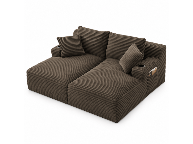  Canapé droit 2 places marron en velours côtelé, double chaise longue, porte-gobelets, sans montage Fay Lum - Conforama A