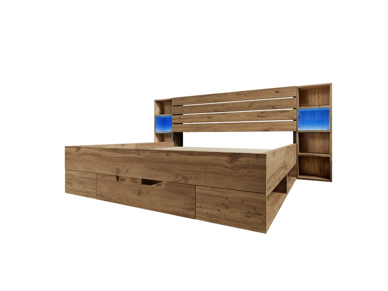 Lit double adulte,160x200 cm,avec rangement, led, usb-c,mdf,coloris chêne - Conforama D