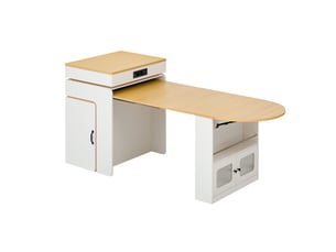 Îlot de cuisine mobile, longueur extensible de 55 à 194 cm, blanc et bois clair, led multicolore, prises usbtype-c, tiroirs.