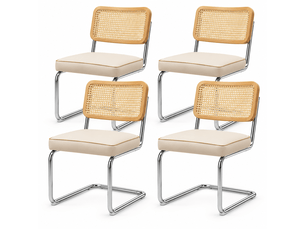 Lot de 4 chaises de salle à manger cantilever 53x46,4x84,6 cm, dossier en cannage rotin, assise rembourrée en velours, piètement chromé, beige