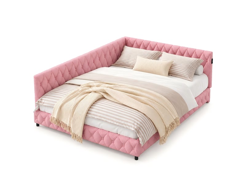  Kefsr lit d'angle 140x200 cm avec éclairage led et ports usbtype-c, lit banquette capitonné en tissu bouclette avec sommier à lattes, lit double, rose  - Conforama A
