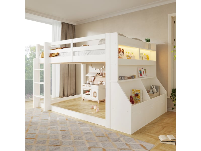  Lit mezzanine 140x200 cm, lit combiné, rangements intégrés, éclairage led, design moderne, charge maximale 150 kg, bois blanc OPULERANE TRADING LTD - Conforama B