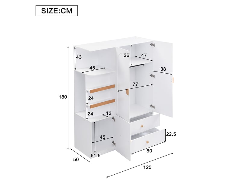 Armoire de rangement modenvie 125 x 50 x 180 cm avec penderie, tiroirs et étagères ouvertes en mdf blanc et naturel - Conforama C
