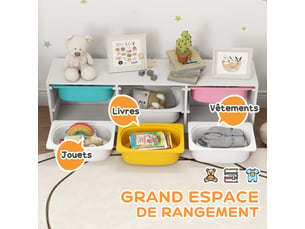 Meuble rangement enfant à 2 niveaux, 97x21x29cm, étagère de rangement pour jouets enfants avec 6 bacs amovibles, blanc